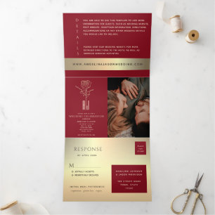 Tríptica Invitación de boda tri-plegable con foto roja y do