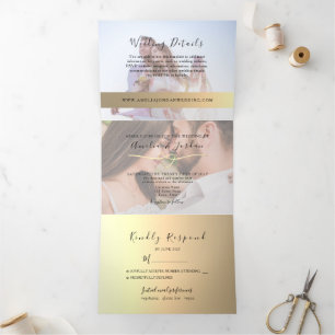 Tríptica Invitación de boda tri-plegable con foto y oro fal