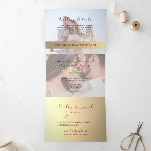Tríptica Invitación de boda tri-plegable con foto y oro fal (Interior)