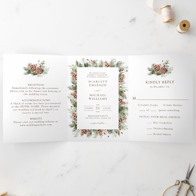 Tríptica Invitación de boda trifold de invierno (White Winter Pinecone Trifold Wedding Invitation Photo Card by Painted Paperie
)