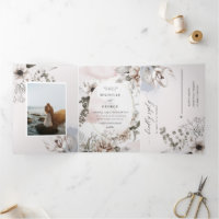 invitación de boda triple plegable floral plateado