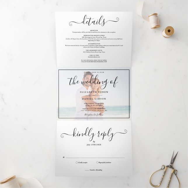 Tríptica Invitación de boda triptica con foto y letra elega (Interior)