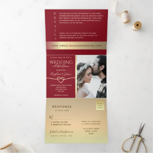 Tríptica Invitación de boda triptica de foto rojo y dorado