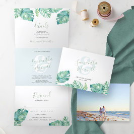 Tríptica Invitación de Boda Tropical Costera Plegable en Tr