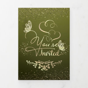 Tríptica Invitación de boda verde con purpurina