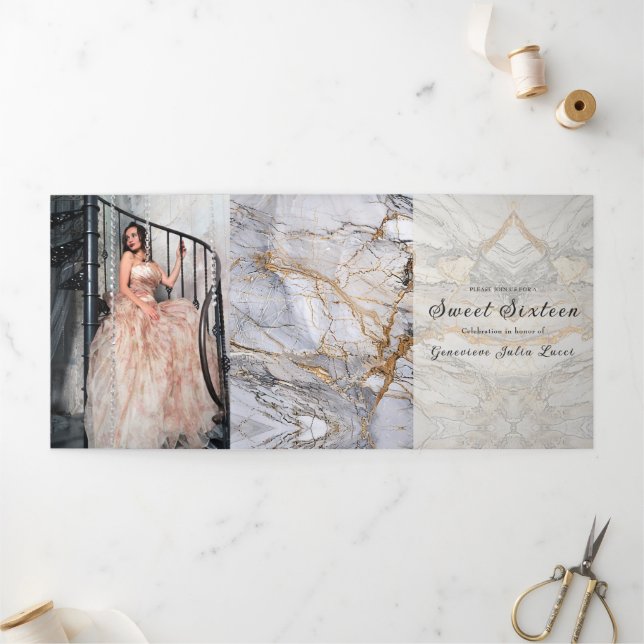 Tríptica Invitación de fiesta 16 Party Gray and Gold Marble (Exterior)