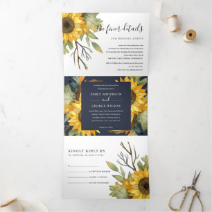 TRÍPTICA INVITACIÓN NAVY SUNFLOWLOWATERCOLOR FLORAL DE BODA