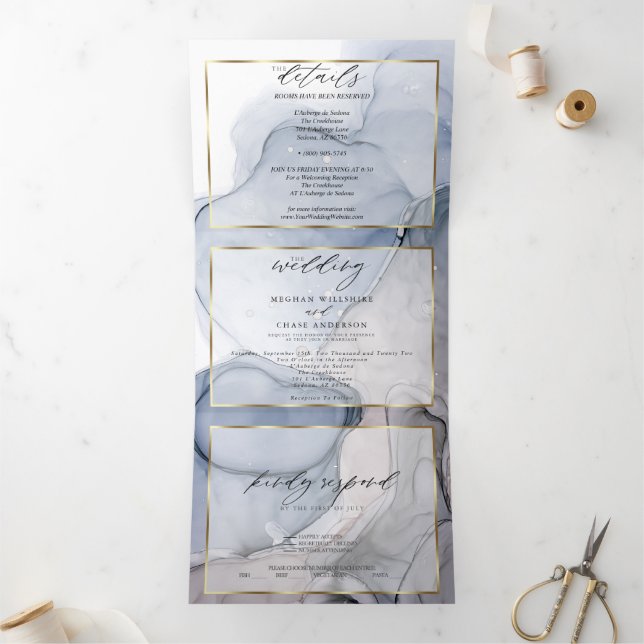 Tríptica Invitación Tri-Fold Abstract Ink Dusty Blue Mauve  (Interior)