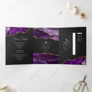 Tríptica Invitación Tri-Fold Boda Agate Purple y Gold