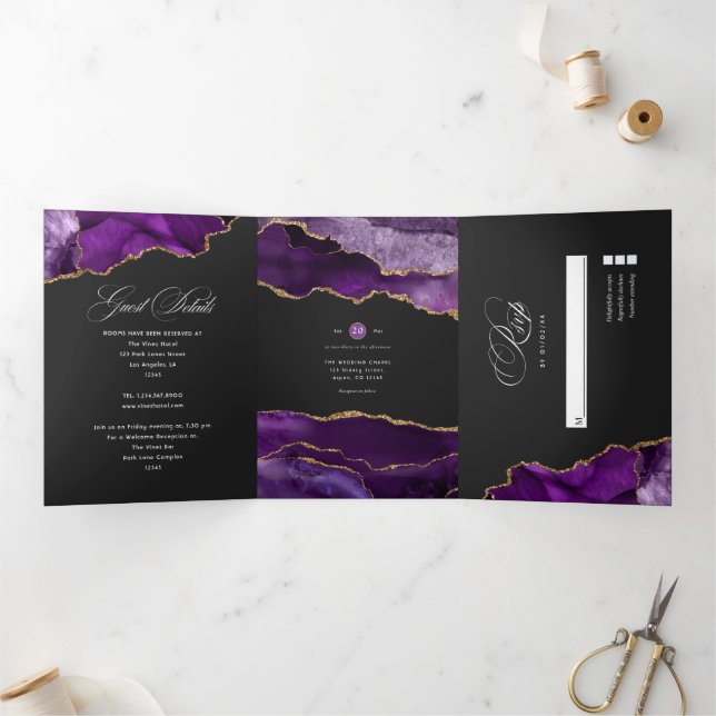 Tríptica Invitación Tri-Fold Boda Agate Purple y Gold (Interior)