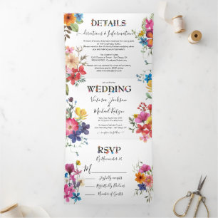 Tríptica Invitación Tri-Fold Boda de Flores Presionadas