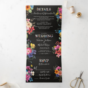 Tríptica Invitación Tri-Fold Boda de Flores Presionadas