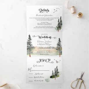 Tríptica Invitación Tri-Fold Boda de los bosques verdes