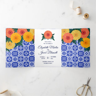 Tríptica Invitación Tri-Fold Boda de Tile Marigolds mexican