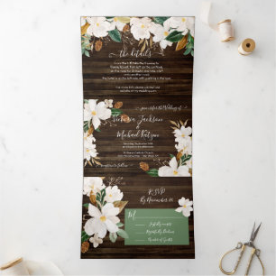 Tríptica Invitación Tri-Fold Boda floral de magnolia rusa