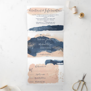 Tríptica Invitación Tri-Fold Boda moderno Rubor y Marina