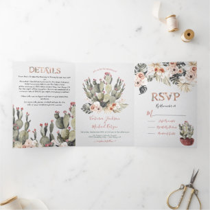 Tríptica Invitación Tri-Fold de Terracota y Boda de Cactus