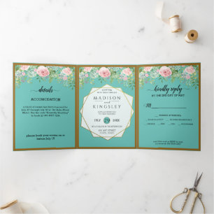 Tríptica Invitación Tri-Fold del Boda Verde azulado Fab Pin
