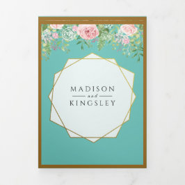 Tríptica Invitación Tri-Fold del Boda Verde azulado Fab Pin