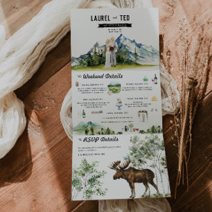 Tríptica Invitación Tri-Fold para Boda Rústica en la Montañ