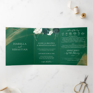 Tríptica Invitación triple Boho Rosa Esmeralda para Boda Co