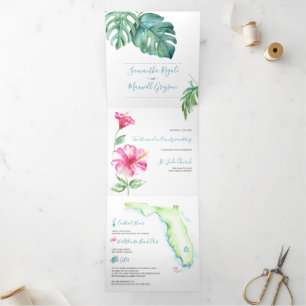 Tríptica Invitación tropical de bodas en Florida todo en un