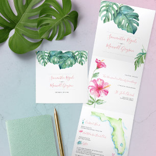 Tríptica Invitación tropical de bodas en Florida todo en un