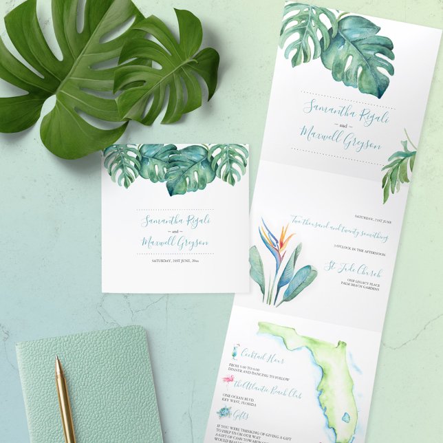 Tríptica Invitación tropical de bodas en Florida todo en un (All in one Florida destination wedding invitations tropical watercolor art by Victoria Grigaliunas)