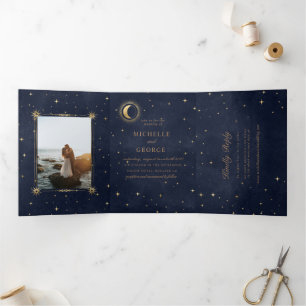 Tríptica luna de oro celestial triple invitación a la boda