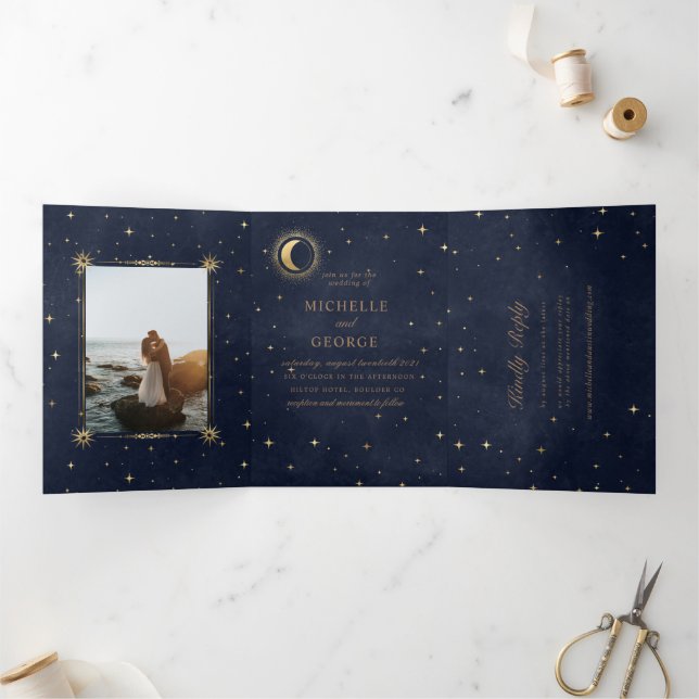 Tríptica luna de oro celestial triple invitación a la boda (Interior)
