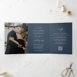 Tríptica Minimalista invitación de boda azul marino con QR 