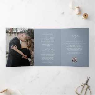 Tríptica Minimalista invitación de boda azul polvoriento co