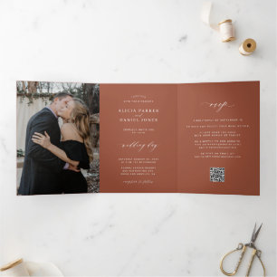 Tríptica Minimalista invitación de boda de terracota con QR