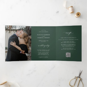 Tríptica Minimalista invitación de boda verde oscuro con QR