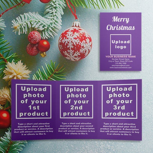 Tríptica Morado | Navidad | Tarjeta triple de negocios (Purple trifold card for Christmas with your business brand and products or services)