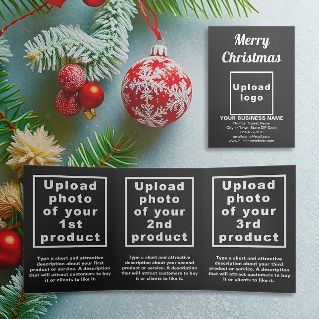 Tríptica Negra | Navidad | Tarjeta triple de negocios (Black trifold card for Christmas with your business brand and products or services)