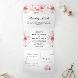 Tríptica Preciosa Invitación de Boda Floral en Acuarela Ros
