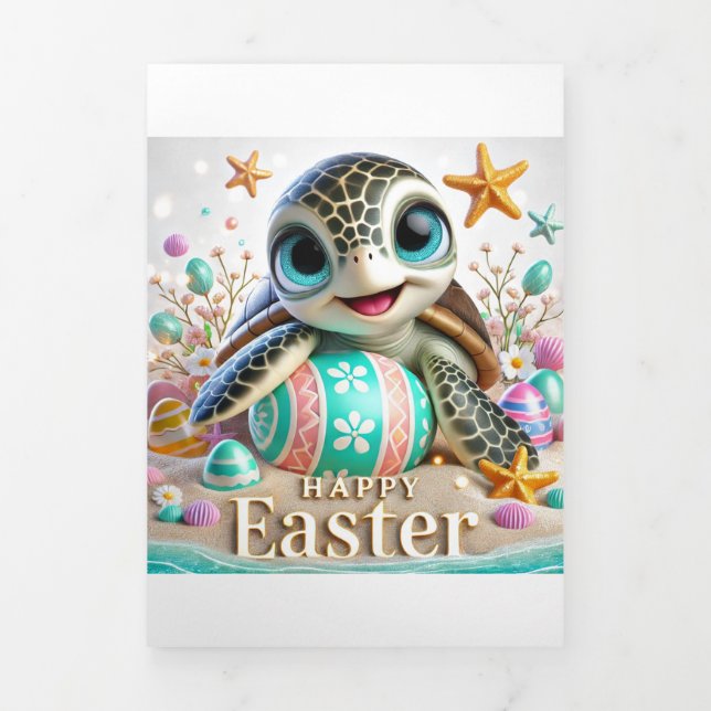 Tríptica Tarjeta Cute Easter plegada con tortuga marina (Foto de portada)