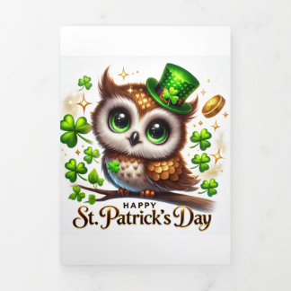 Tríptica Tarjeta Cute St Patrick's Day con Lechuza Festiva
