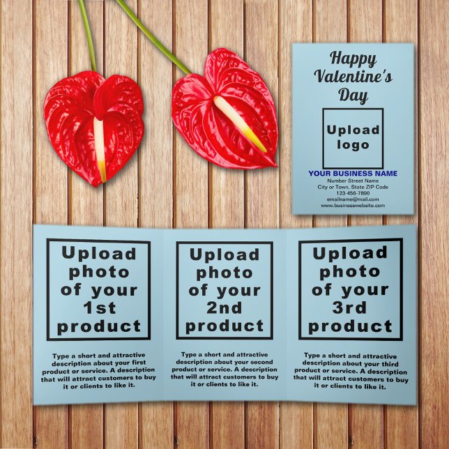 Tríptica Tarjeta triple azul de luz de San Valentín de nego (Light blue Valentine trifold card with your business brand and products or services on table.)