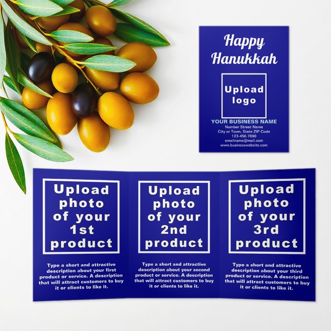 Tríptica Tarjeta triple azul Hanukkah Blue (Hanukkah greeting, business brand and products on blue trifold card)