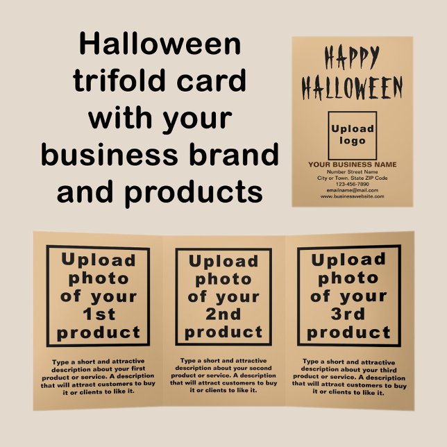 Tríptica Tarjeta triple de color marrón claro para Hallowee (Halloween light brown trifold card with your business brand and products or services.)