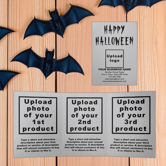 Tríptica Tarjeta triple gris de Halloween de negocios (Business brand and products on gray Halloween trifold card)