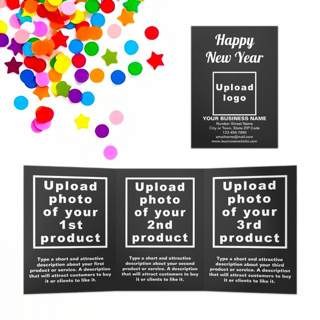 Tríptica Tarjeta triple negra de Año Nuevo profesional (New Year greeting, business brand and products on black trifold card)