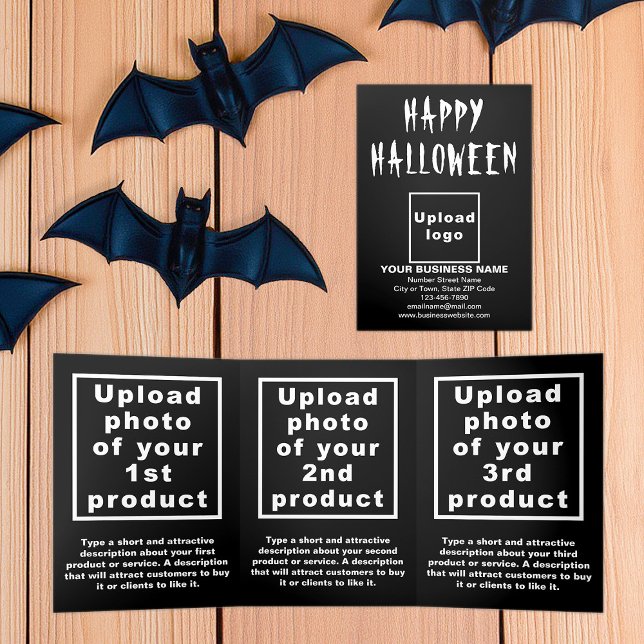 Tríptica Tarjeta triple negra de Halloween (Business brand and products on black Halloween trifold card)