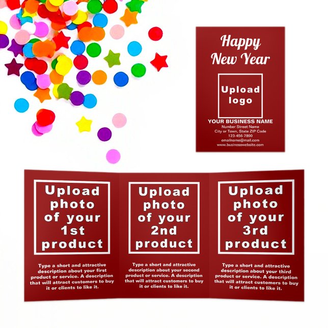 Tríptica Tarjeta triple roja de Año Nuevo profesional (New Year greeting, business brand and products on red trifold card)
