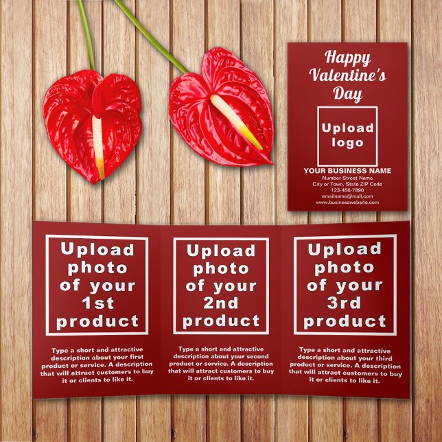 Tríptica Tarjeta triple roja de Business Valentine (Red Valentine trifold card with your business brand and products or services on table.)