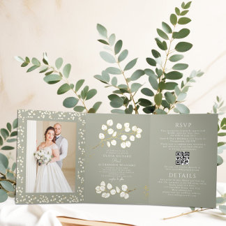 Tríptica Triple carta de oro verde sabio Invitación doble
