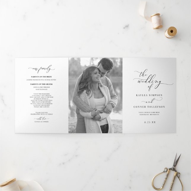 Tríptico Elegante folleto de programa de boda blanco tri-pl (Exterior)