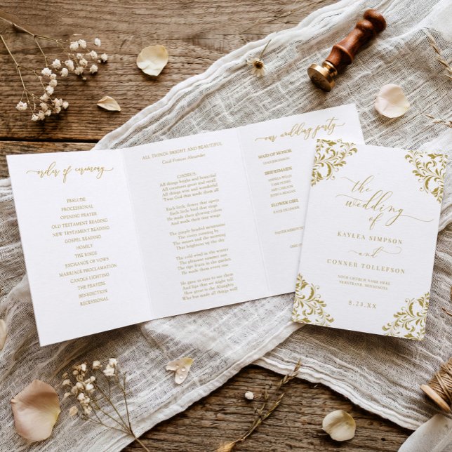 Tríptico Elegante Libro de Programa de Boda Tri-plegable de (Elegant tri-fold wedding programs in vintage gold)